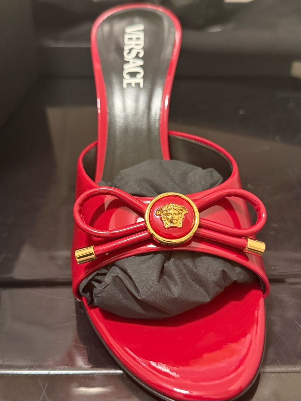 Versace Red Patent Leather Slide with Gold Medusa Accent